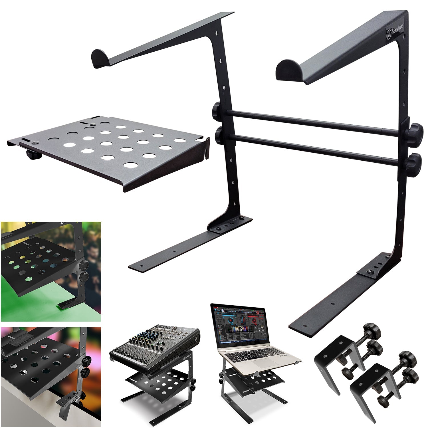 Two-Tier Laptop Stand with Adjustable Height/Width and Optional Table  Clamps Black, AxcessAbles