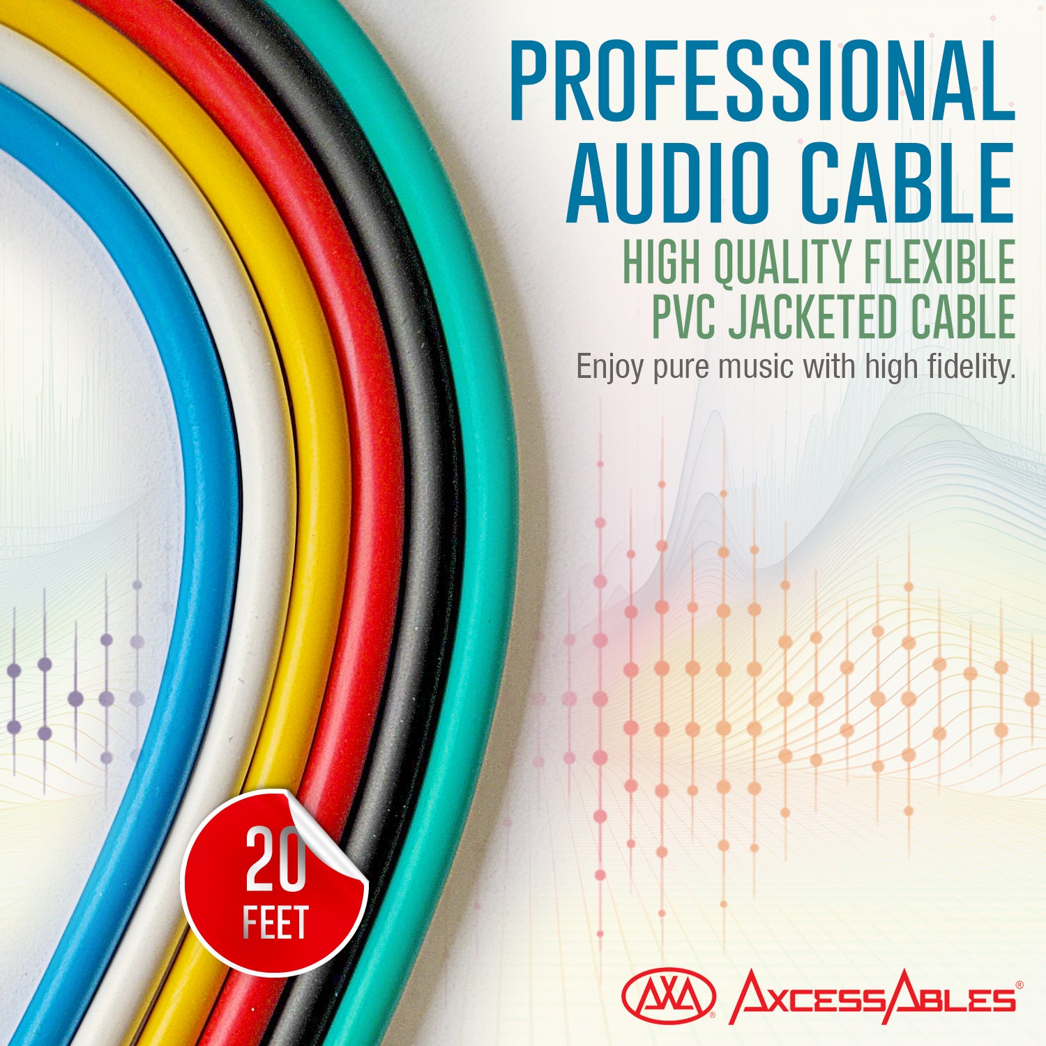 AxcessAbles Audio 1/4-Inch TS Male to 1/4-Inch TS Male Multi-Colored Instrument Cable Pack w/ Metal Connectors (20ft - 6 Pack)