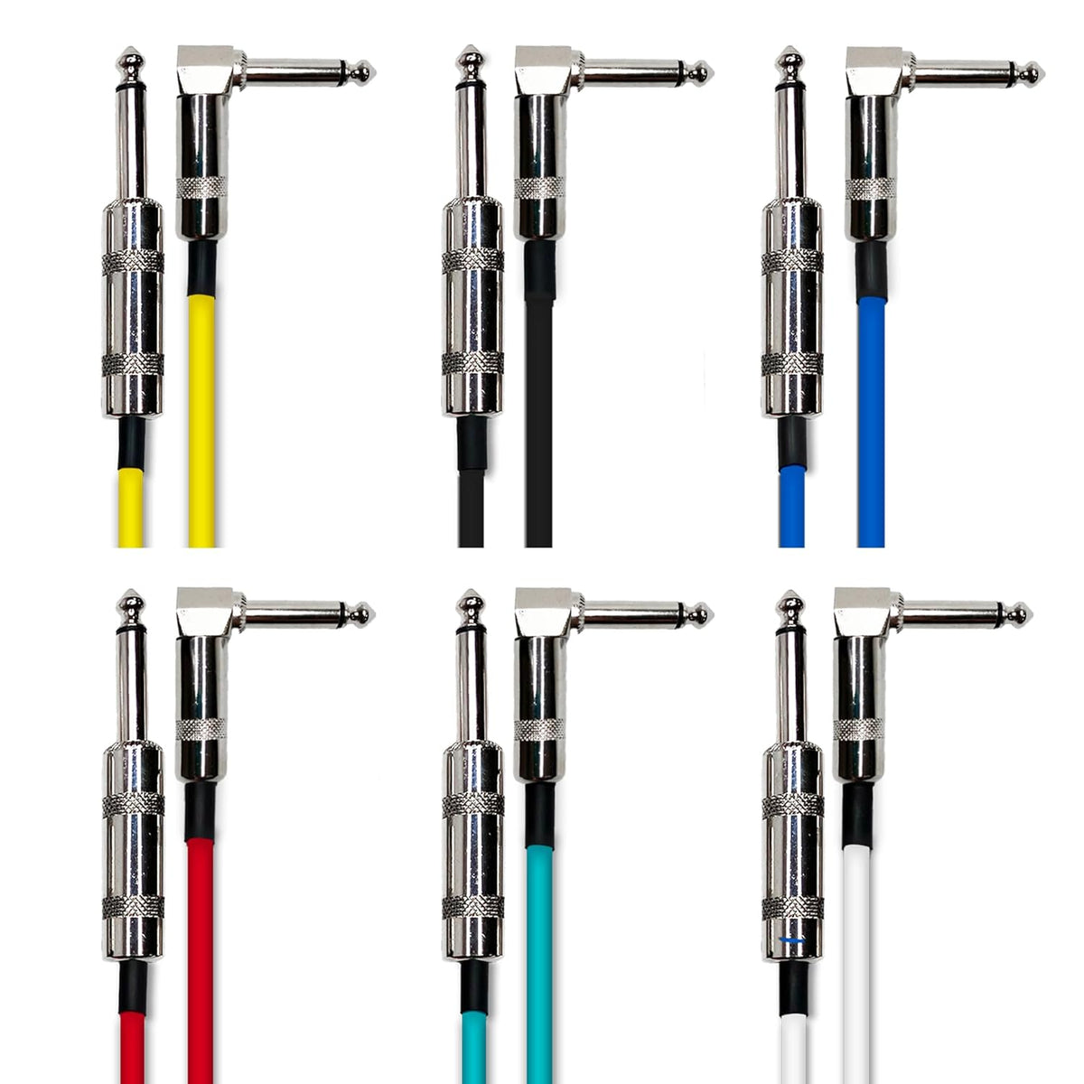 AxcessAbles 1/4-Inch TS Male to 1/4-Inch TS Male, Straight to Right Angle Multi-Colored Guitar Cable Pack w/ Metal Connectors (6ft, 6 Pack)