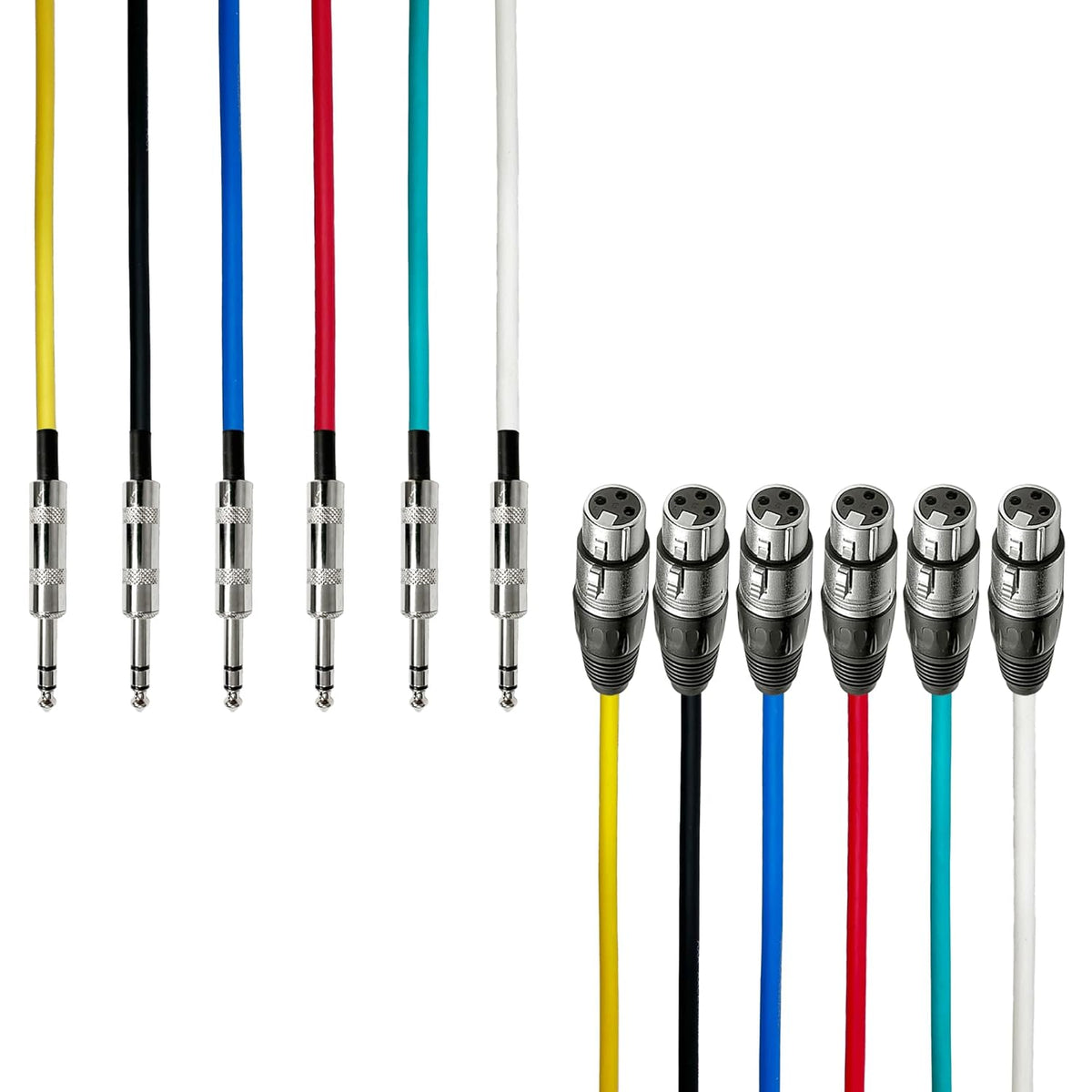 AxcessAbles Audio 1/4-Inch TRS Male to XLR Female Multi-Colored Speaker Cable Pack w/ Metal Connectors (15ft - 6 Pack)