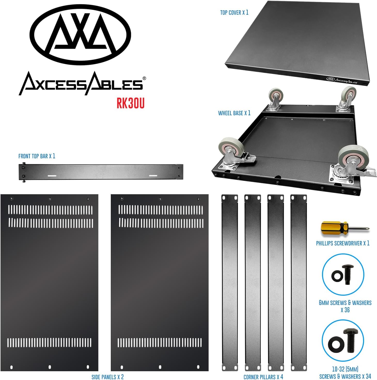 AxcessAbles RK 30U Rack-Mount Cabinet Case w/Caster Wheels (Compatible with US 10-32 (5mm) & European (6mm) Rack Standards.) Rack for AV, DJ, Home Theater, Network, Server, Computer, Electronics