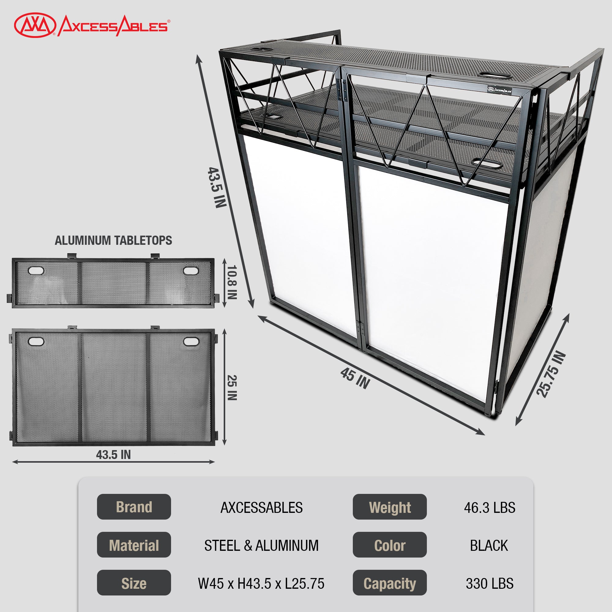 AxcessAbles ES-02XT Portable Aluminum DJ Facade Booth – 43"W x 25"D, Adjustable Tabletop Heights (35" or 39"), 11"D Top Shelf, Includes Black & White Scrims and Carrying Case for DJs, Public Speakers, and Sound Engineers