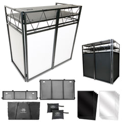 AxcessAbles ES-02XT Portable Aluminum DJ Facade Booth – 43"W x 25"D, Adjustable Tabletop Heights (35" or 39"), 11"D Top Shelf, Includes Black & White Scrims and Carrying Case for DJs, Public Speakers, and Sound Engineers