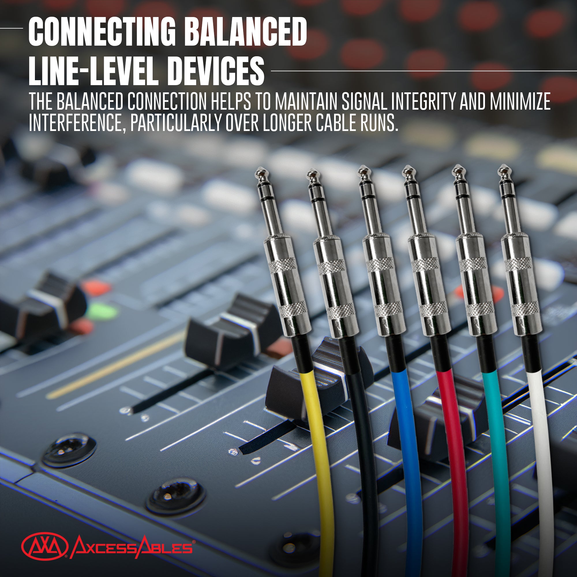 AxcessAbles Audio 1/4-Inch TRS Balanced Male to 1/4-Inch TRS Male Multi-Colored Instrument, Patch Cables w/ Metal Connectors (10ft - 6 Pack)