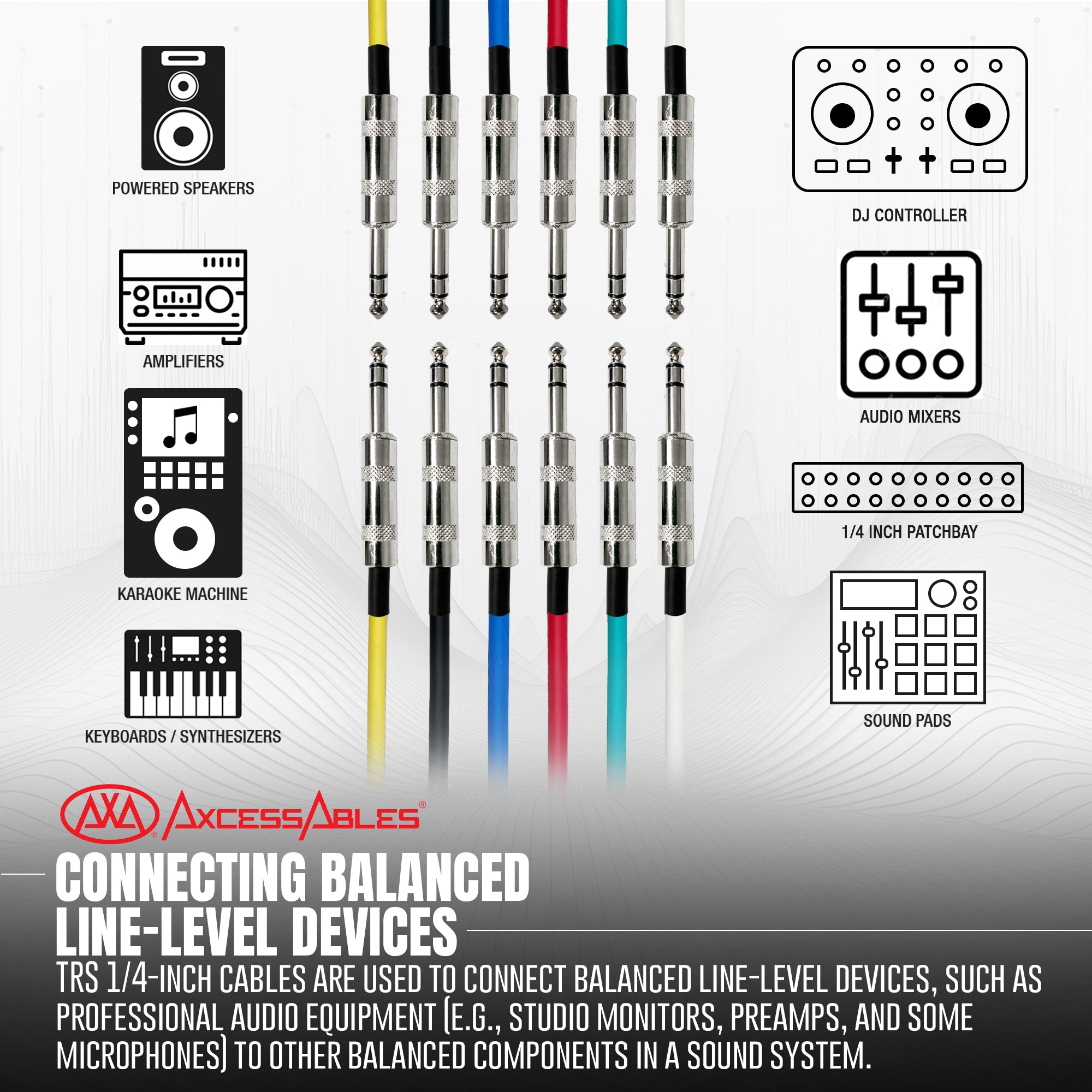 AxcessAbles Audio 1/4-Inch TRS Balanced Male to 1/4-Inch TRS Male Multi-Colored Instrument, Patch Cables w/ Metal Connectors (10ft - 6 Pack)