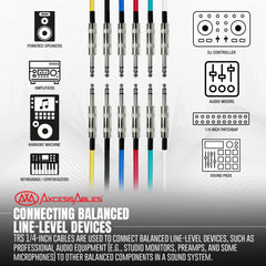 AxcessAbles Audio 1/4-Inch TRS Balanced Male to 1/4-Inch TRS Male Multi-Colored Instrument, Patch Cables w/ Metal Connectors (20ft - 6 Pack)