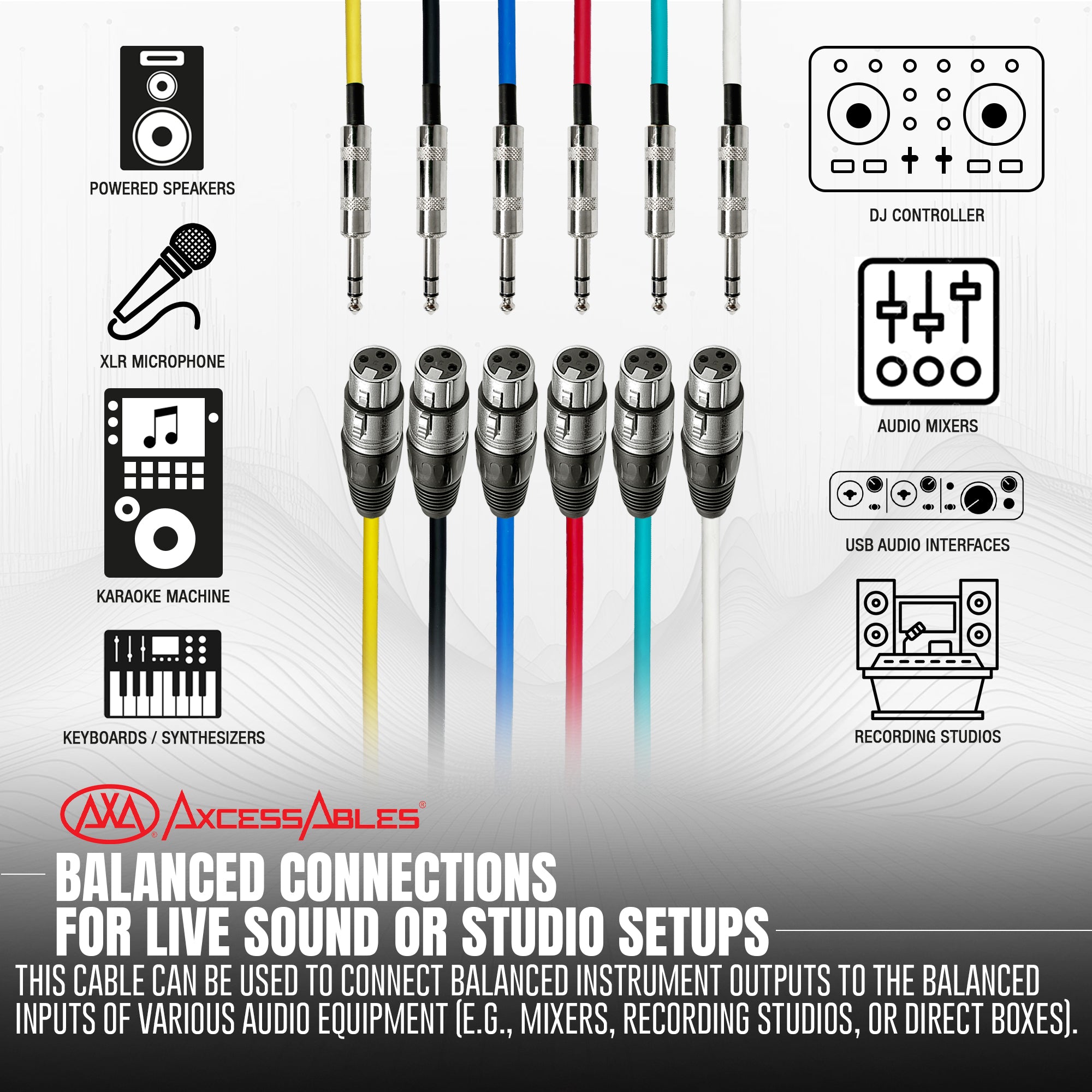 AxcessAbles Audio 1/4-Inch TRS Male to XLR Female Multi-Colored Speaker Cable Pack w/ Metal Connectors (15ft - 6 Pack)