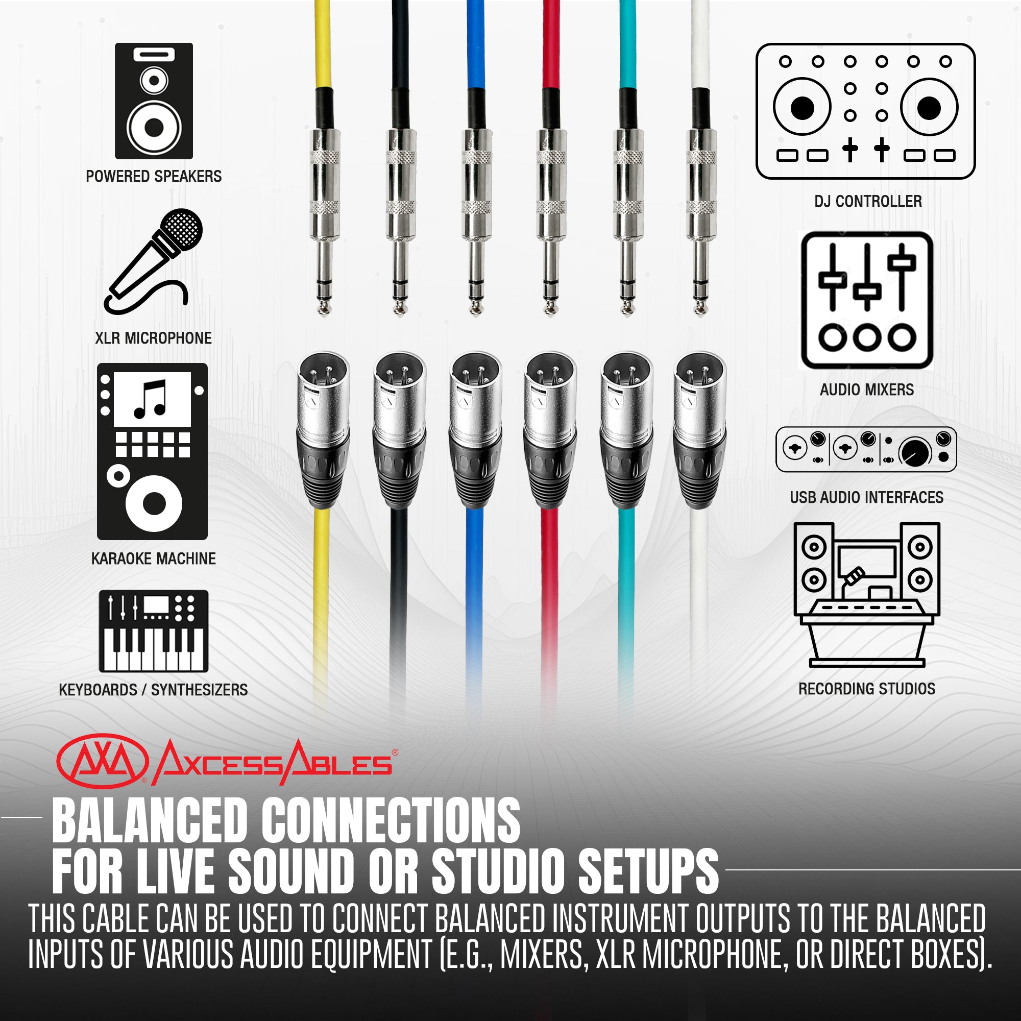 AxcessAbles Audio 1/4-Inch TRS Male to XLR Male Multi-Colored Speaker Cable Pack w/ Metal Connectors (15ft - 6 Pack)