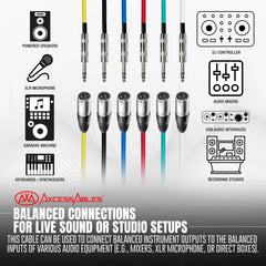 AxcessAbles Audio 1/4-Inch TRS Male to XLR Male Multi-Colored Speaker Cable Pack w/ Metal Connectors (2ft - 6 Pack)