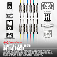 AxcessAbles Audio 1/4-Inch TS Male to 1/4-Inch TS Male Multi-Colored Instrument Cable Pack w/ Metal Connectors (6ft - 6 Pack)