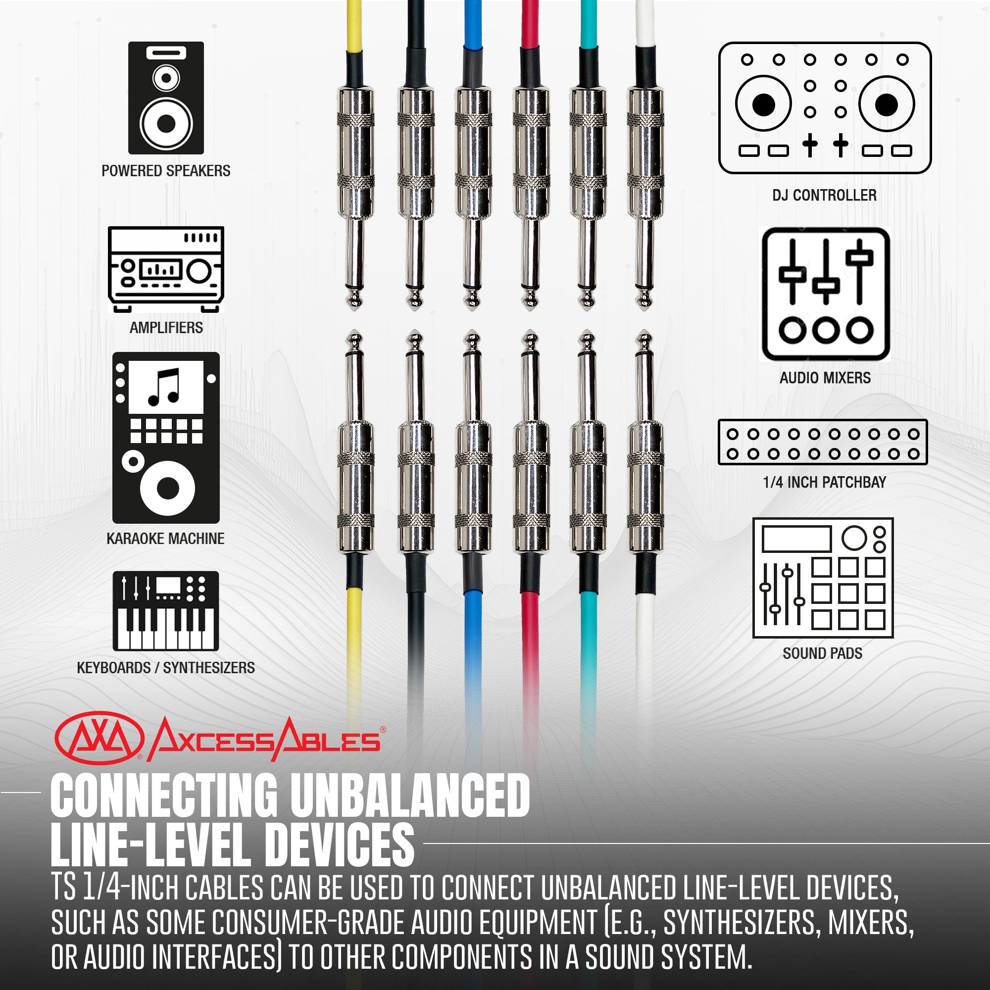 AxcessAbles Audio 1/4-Inch TS Male to 1/4-Inch TS Male Multi-Colored Instrument Cable Pack w/ Metal Connectors (2ft - 6 Pack)