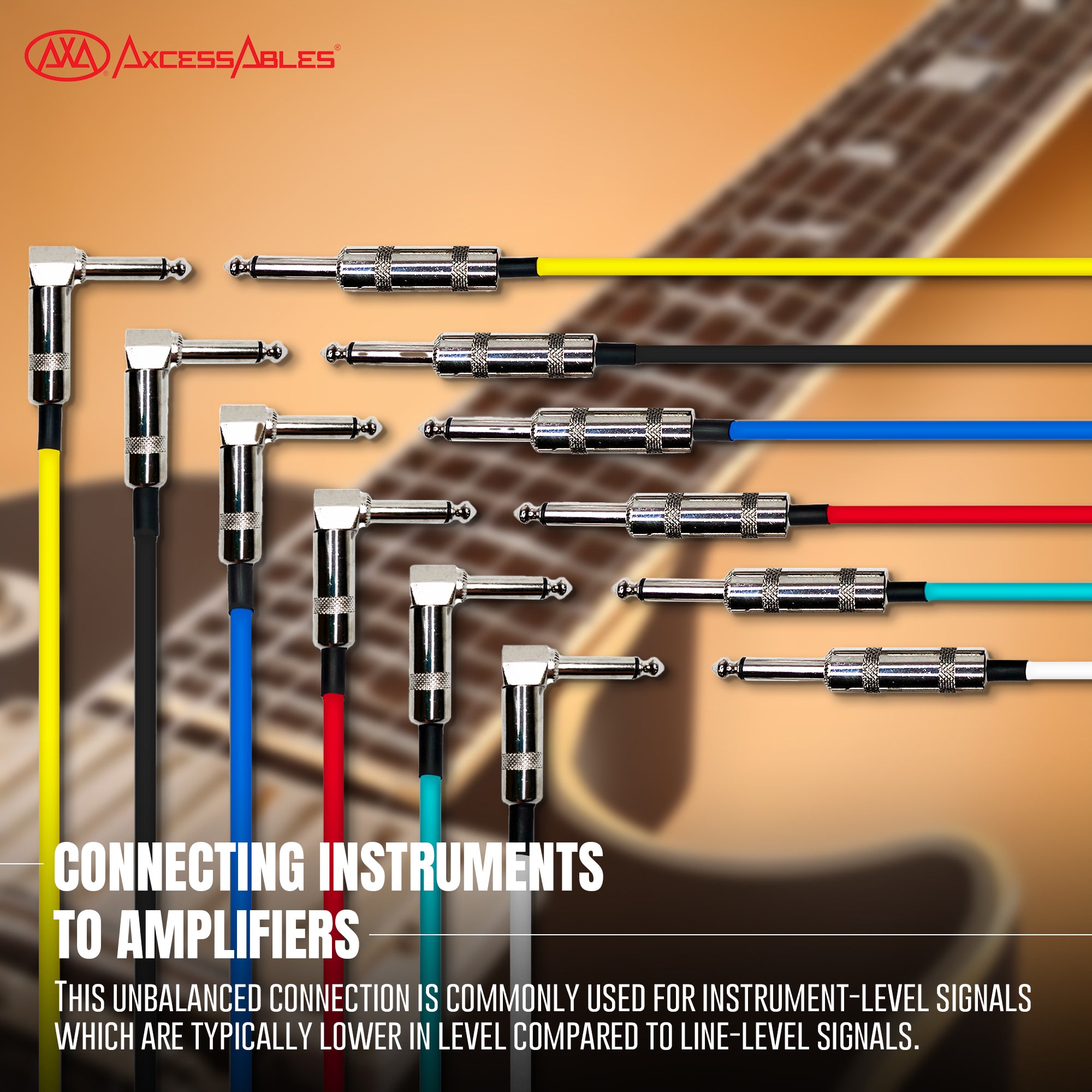 AxcessAbles 1/4-Inch TS Male to 1/4-Inch TS Male, Straight to Right Angle Multi-Colored Guitar Cable Pack w/ Metal Connectors (6ft, 6 Pack)