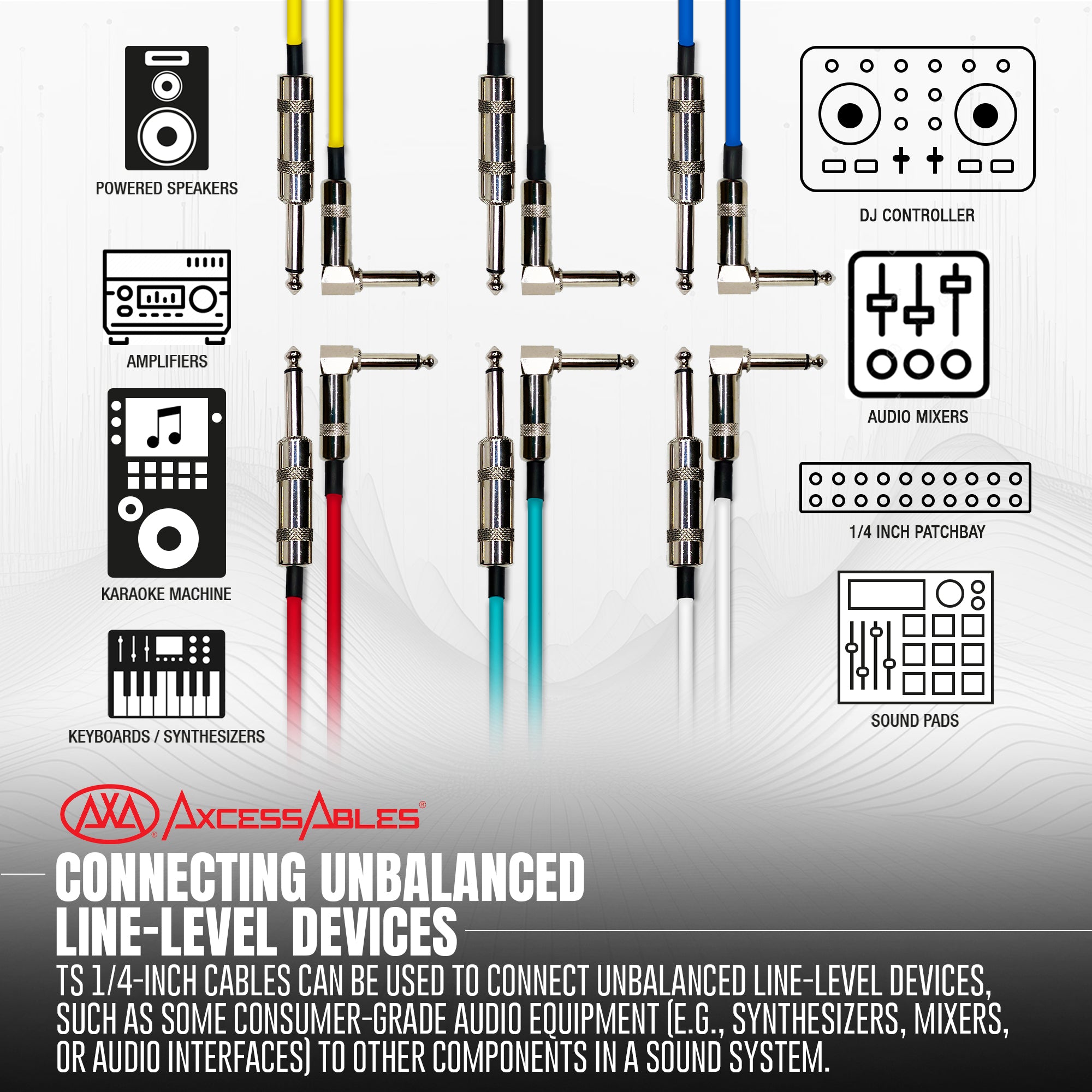 AxcessAbles 1/4-Inch TS Male to 1/4-Inch TS Male, Straight to Right Angle Multi-Colored Guitar Cable Pack w/ Metal Connectors (6ft, 6 Pack)