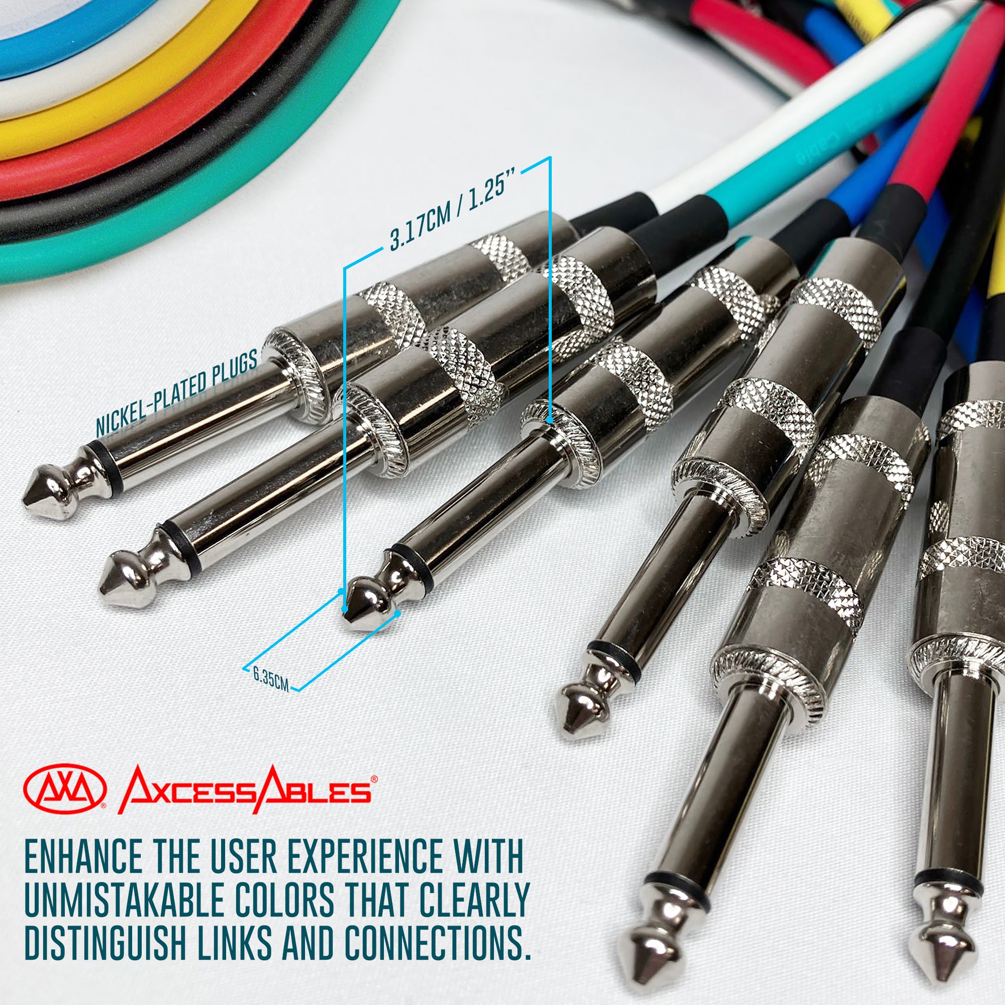 AxcessAbles Audio 1/4-Inch TS Male to 1/4-Inch TS Male Multi-Colored Instrument Cable Pack w/ Metal Connectors (10ft - 6 Pack)