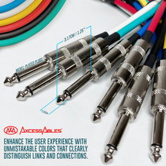 AxcessAbles Audio 1/4-Inch TS Male to 1/4-Inch TS Male Multi-Colored Instrument Cable Pack w/ Metal Connectors (6ft - 6 Pack)