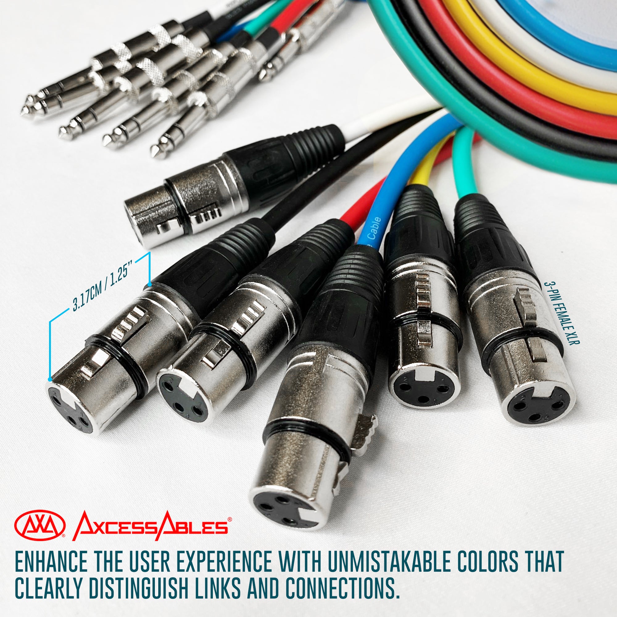 AxcessAbles Audio 1/4-Inch TRS Male to XLR Female Multi-Colored Speaker Cable Pack w/ Metal Connectors (15ft - 6 Pack)