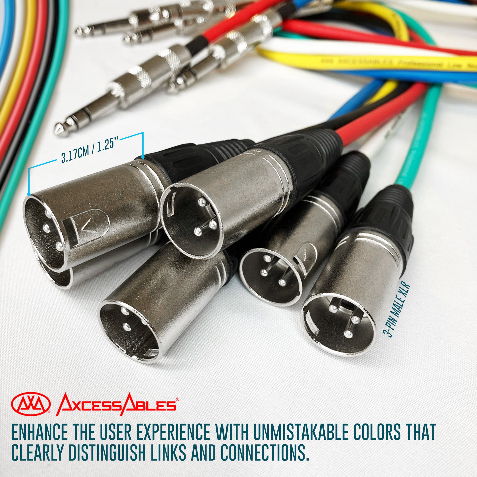 AxcessAbles Audio 1/4-Inch TRS Male to XLR Male Multi-Colored Speaker Cable Pack w/ Metal Connectors (25ft - 6 Pack)