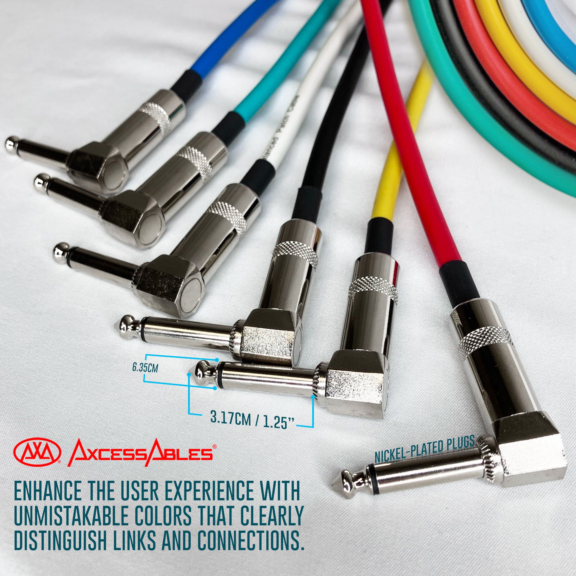 AxcessAbles 1/4-Inch TS Male to 1/4-Inch TS Male, Straight to Right Angle Multi-Colored Guitar Cable Pack w/ Metal Connectors (20ft, 6 Pack)