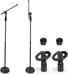 AxcessAbles One Hand Microphone Stand with Weighted Heavy Round Base and Quick Grip Height Adjustment - Telescoping Mic Boom Arm Included. Tall Microphone Stand for Singing (MS-201RB) (2-Pack) - Open Box