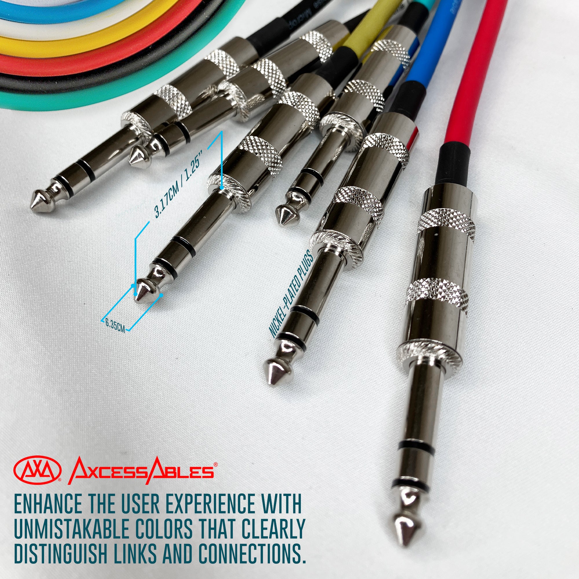 AxcessAbles Audio 1/4-Inch TRS Balanced Male to 1/4-Inch TRS Male Multi-Colored Instrument, Patch Cables w/ Metal Connectors (10ft - 6 Pack)