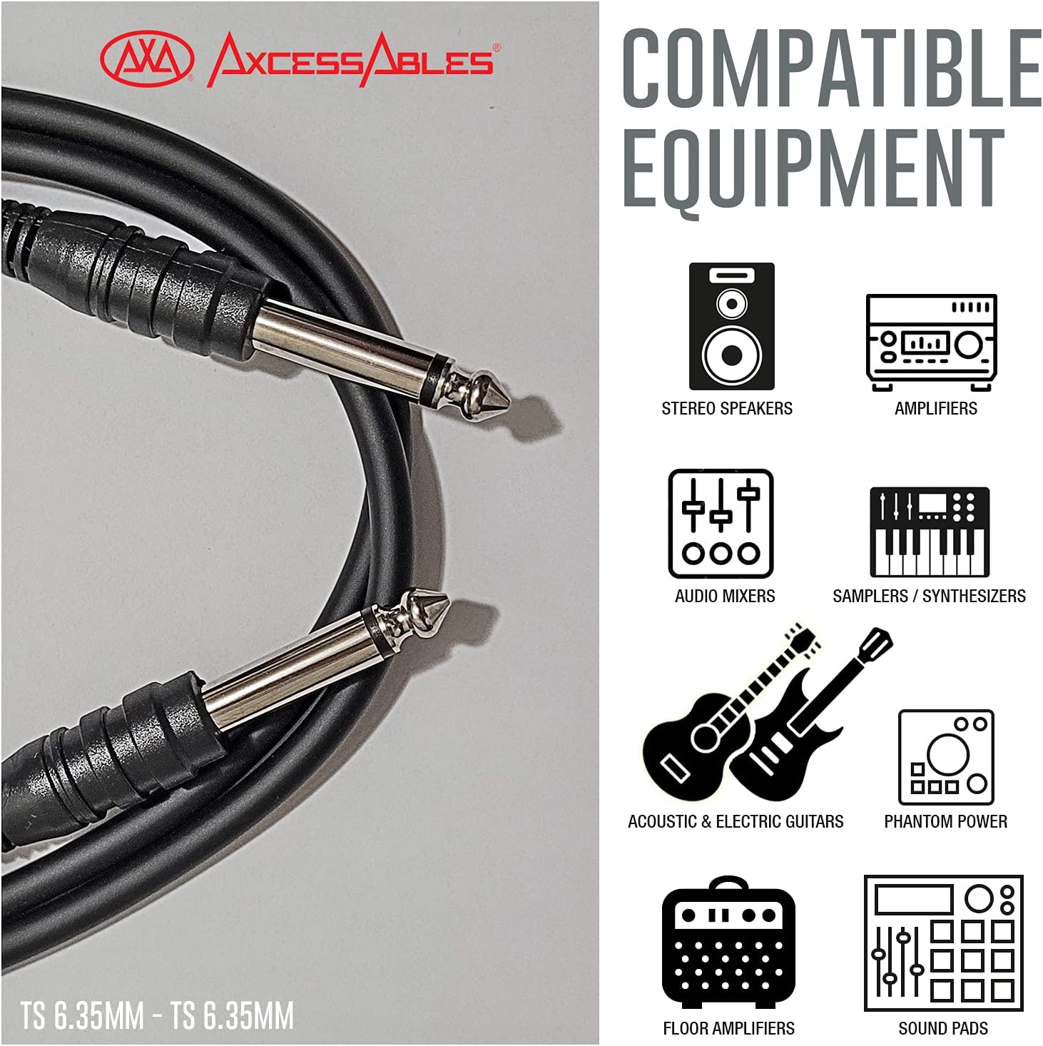 AxcessAbles TS14-STS105 Audio Cable -  Unbalanced Interconnect 1/4" in TS to 1/4" in TS ( 5ft)  5PK