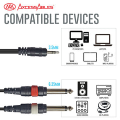 AxcessAbles TRS18-D14TS109 Audio Cable - 3.5 mm TRS to Dual 1/4 in TS Stereo Breakout Cable (10ft)  10PK