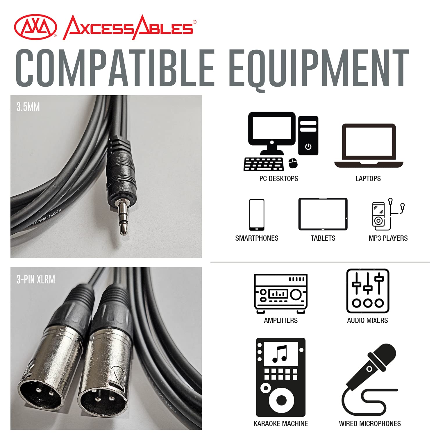 AxcessAbles TRS18-DXLR403M  Audio Cable, 3.5 mm Stereo TRS to Dual XLR Male  Cable (10ft)  2PK