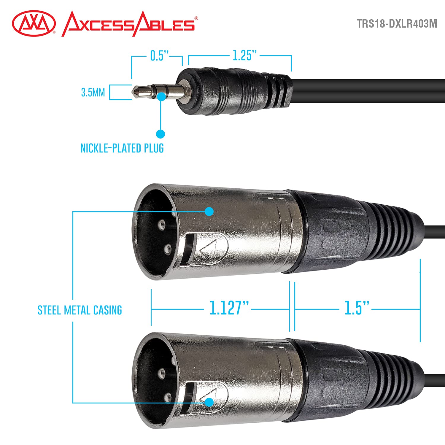 AxcessAbles TRS18-DXLR403M  Audio Cable, 3.5 mm Stereo TRS to Dual XLR Male  Cable (10ft)  2PK