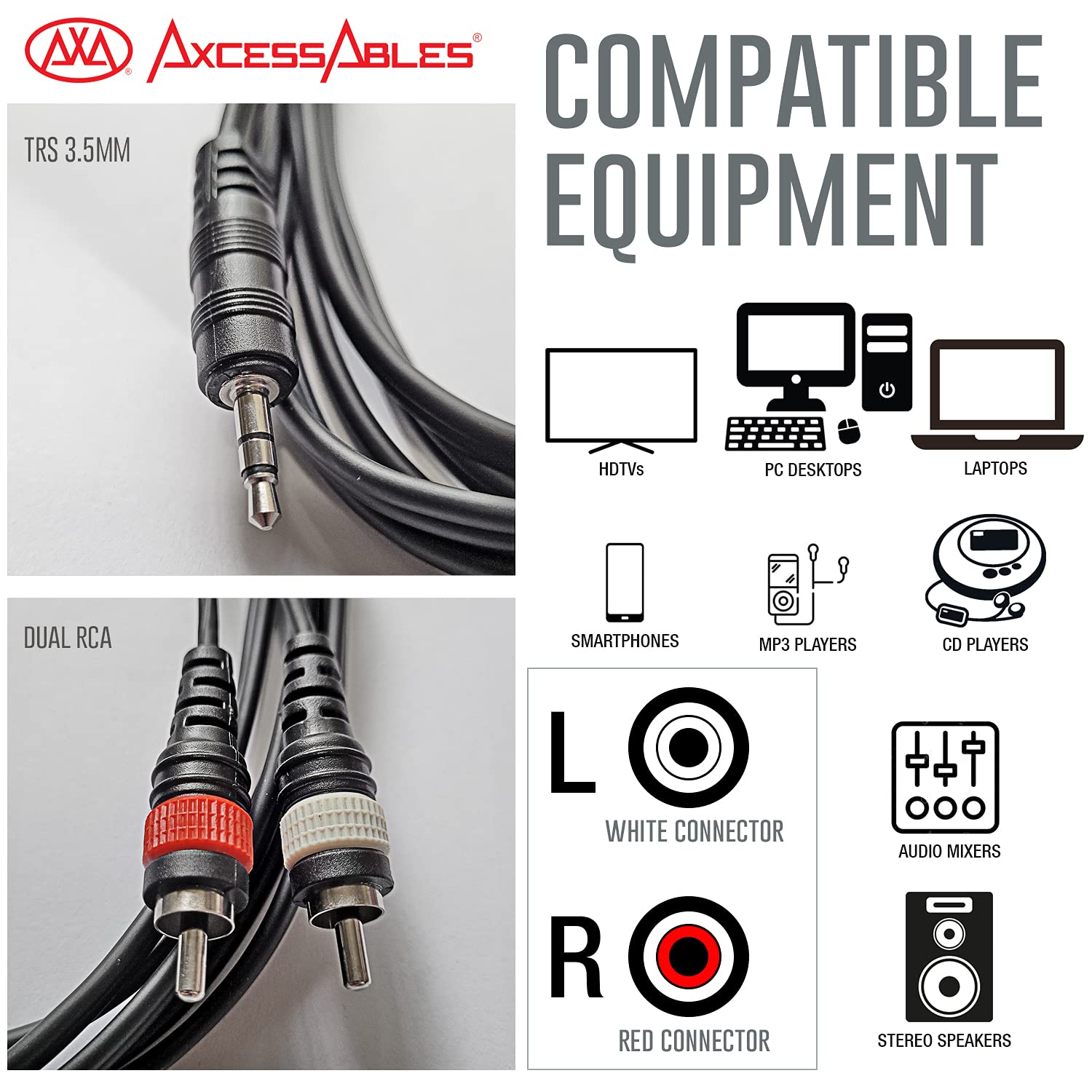 AxcessAbles Dual 1/4 Inch TS to Dual RCA Audio Interconnect Cable 6ft - 10  Pack, Dual 6.35mm Male Jack to Dual RCA, 6ft DTRS to DRCA Unbalanced  Patch Cables (10-Pack)