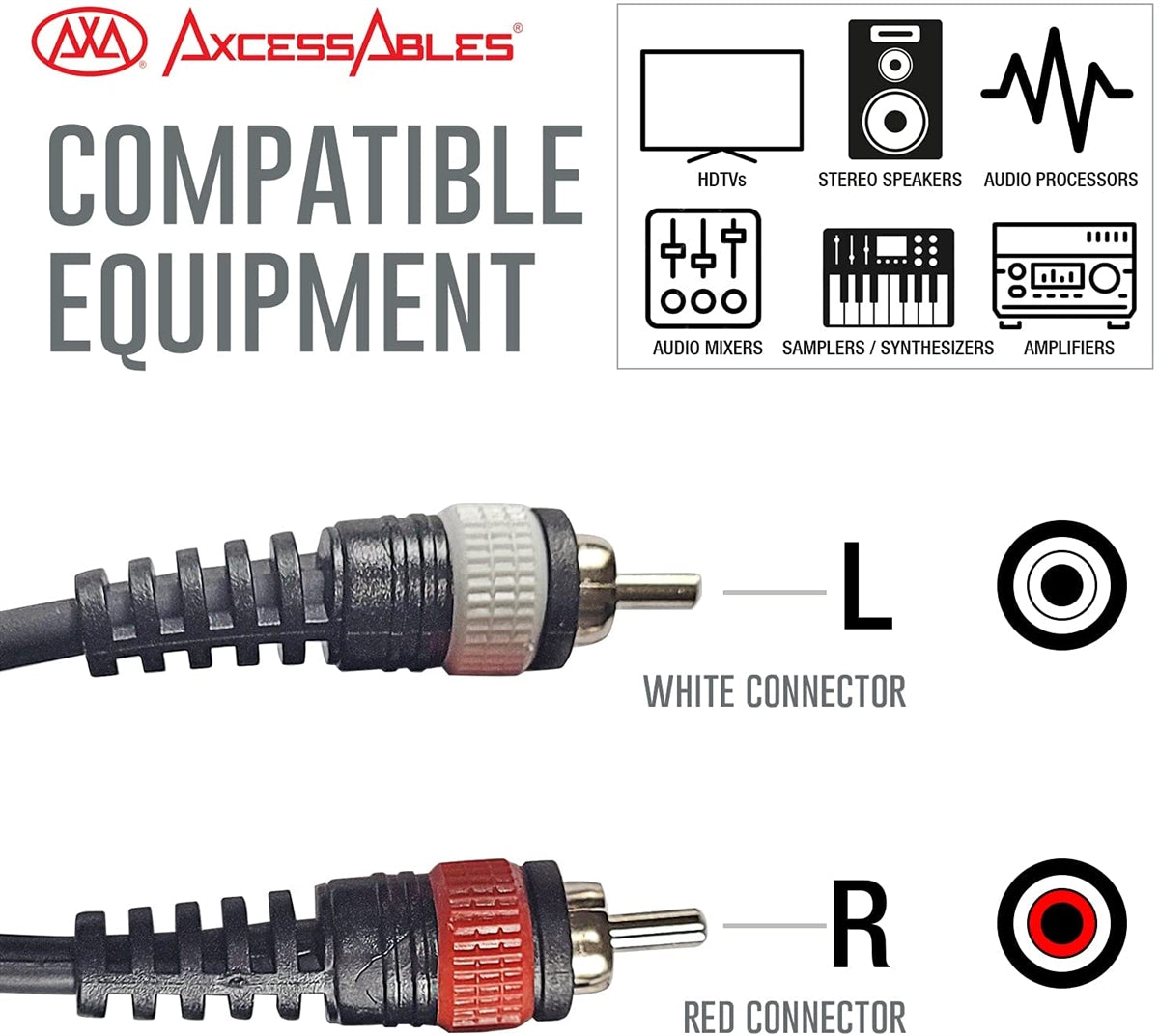 AxcessAbles DTS14-DRCA101 Dual ¼” TS Male to Dual RCA Male Audio Cable (3ft)