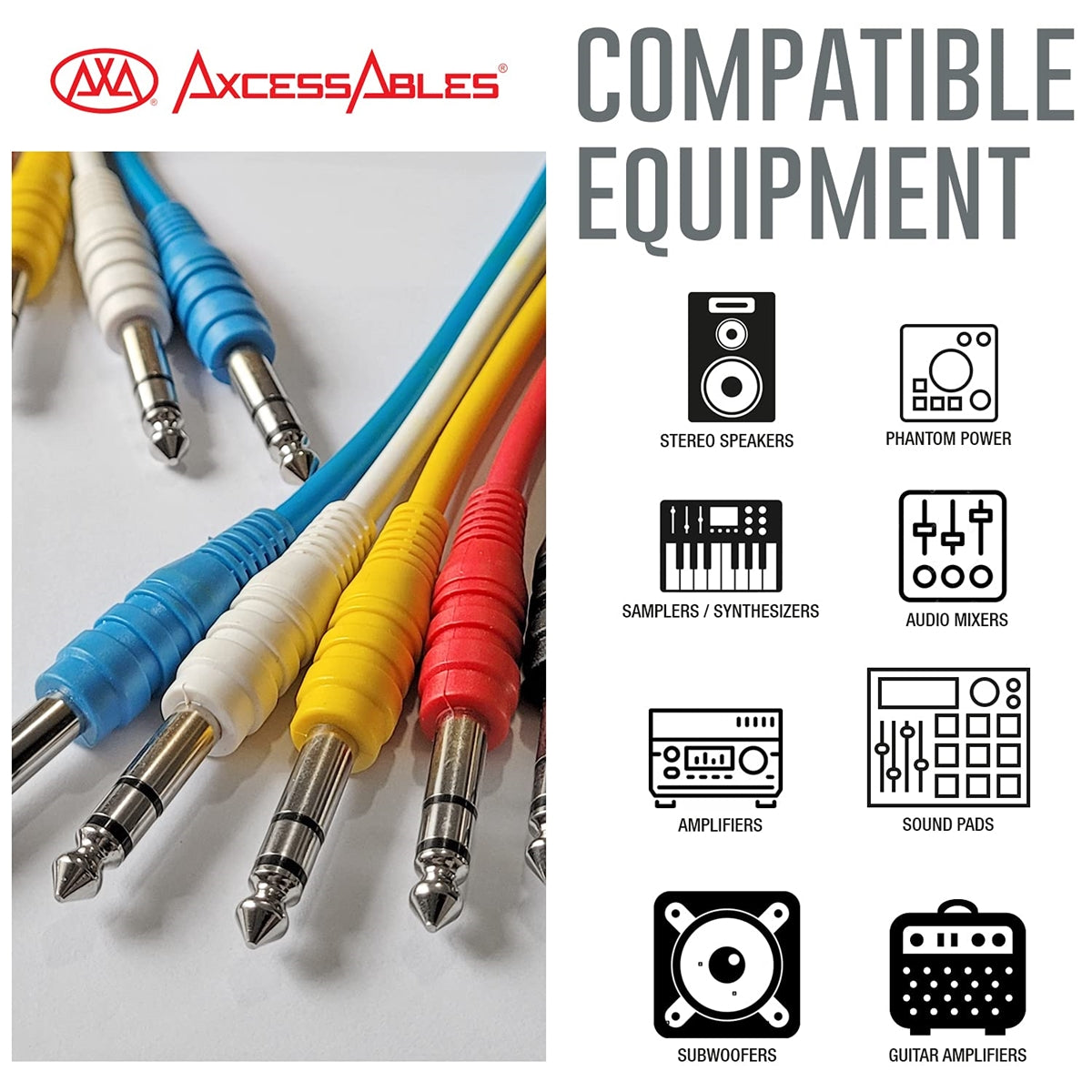 AxcessAbles 1/4-inch (6.35mm) TRS to 1/4-inch (6.35mm) TRS Multi-Color Balanced Stereo Patch Cables 6-Pack (3ft) Outboard Gear & Patchbay Studio Cables External Effects Digital Analog Effects