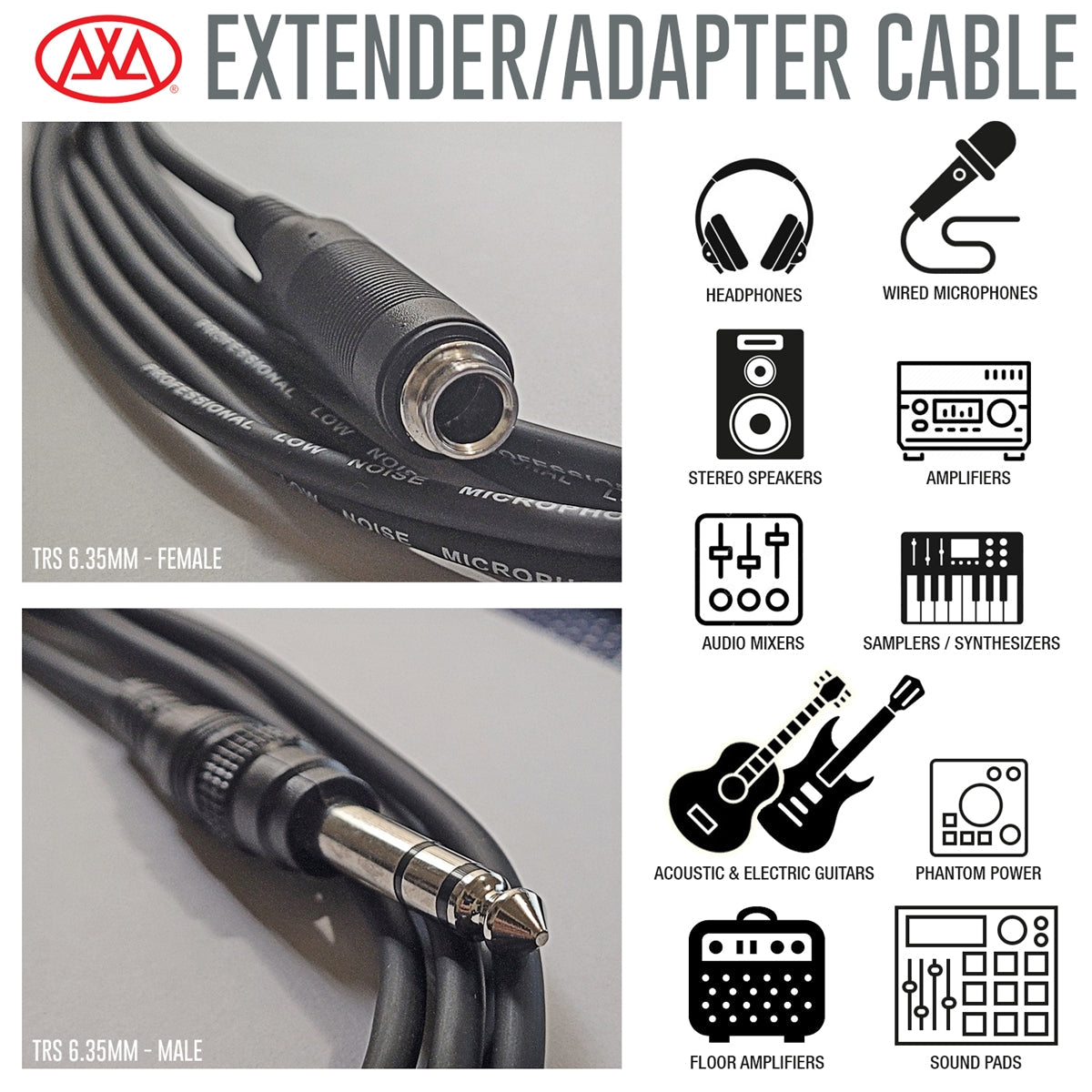 AxcessAbles 1/4-inch (6.35mm) TRS Male to 1/4-inch (6.35mm) TRS Female Headphone Extension Cable (10ft) for Microphones, Audio Applications, Home Studios, Professional Studios (10-Pack)