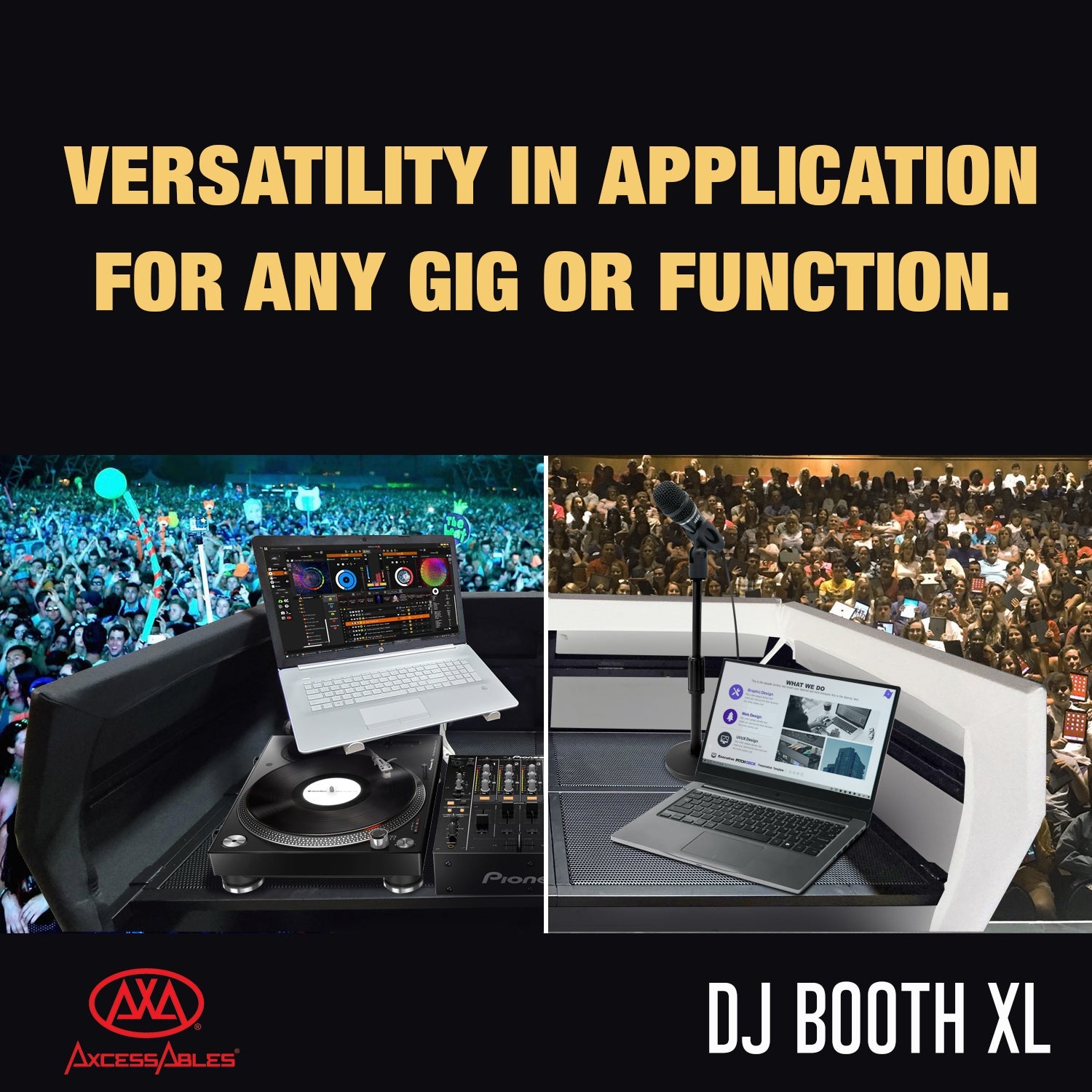 AxcessAbles DJ Booth XL Portable DJ Facade Booth Table with Black and White Scrims, Carry Case | 58" x 29" x 52" | DJ Mixer Stand